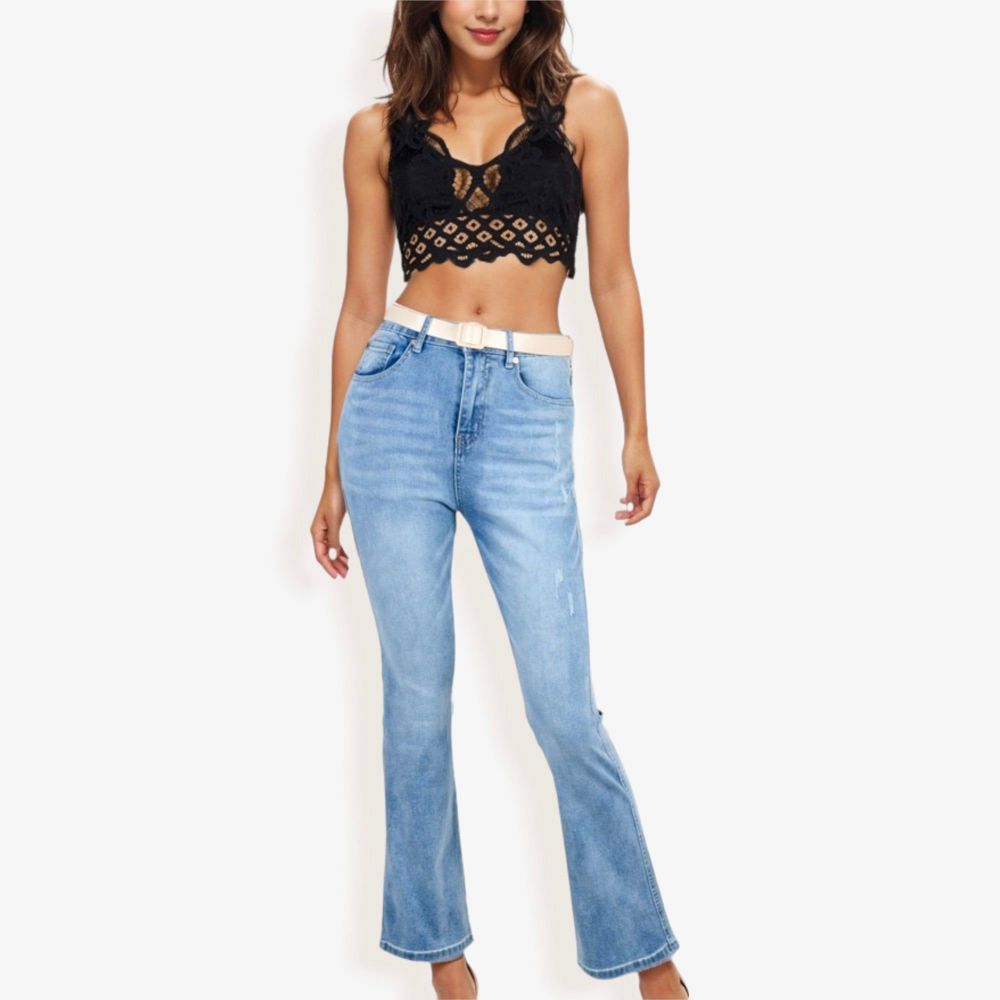 High Waist Light Wash Flare Jeans with Subtle Distressing