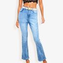 Blue Large High Waist Light Wash Flare Jeans with Subtle Distressing