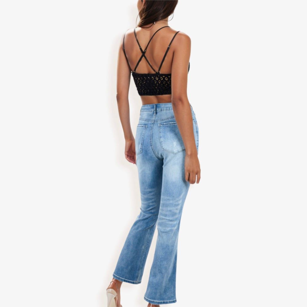 High Waist Light Wash Flare Jeans with Subtle Distressing