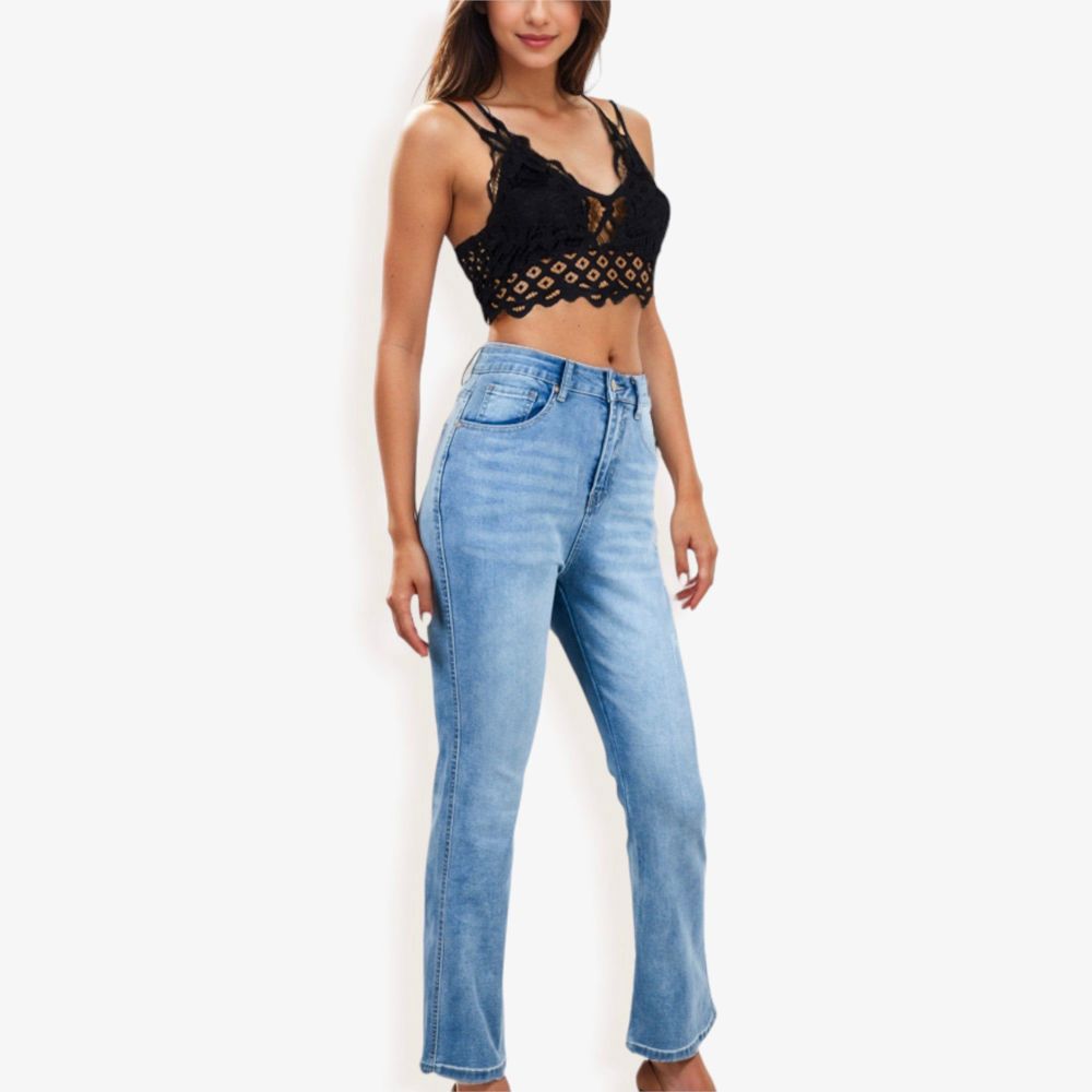 High Waist Light Wash Flare Jeans with Subtle Distressing