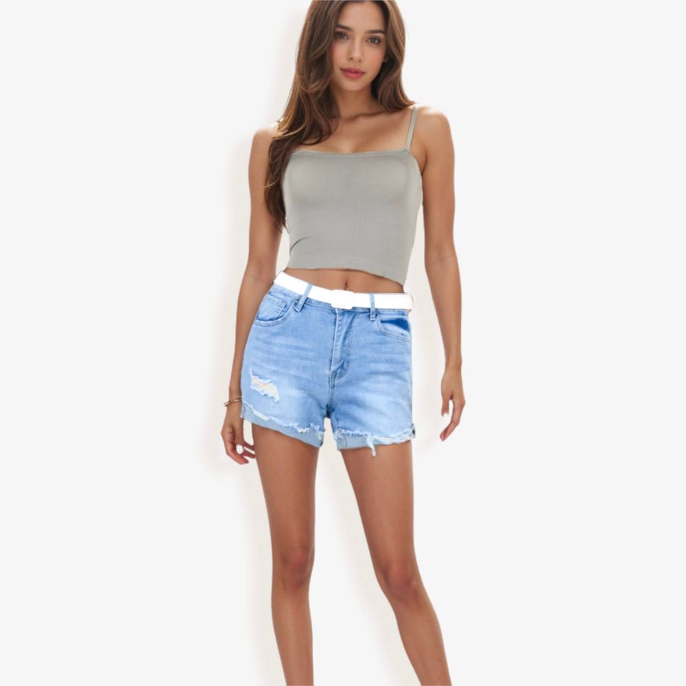 Distressed Denim Shorts with Rolled Cuff Hem and Classic Fit