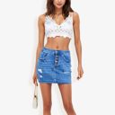  Distressed Denim Mini Skirt With Front Button Detail, Pockets, Raw Hem, And Faded Wash