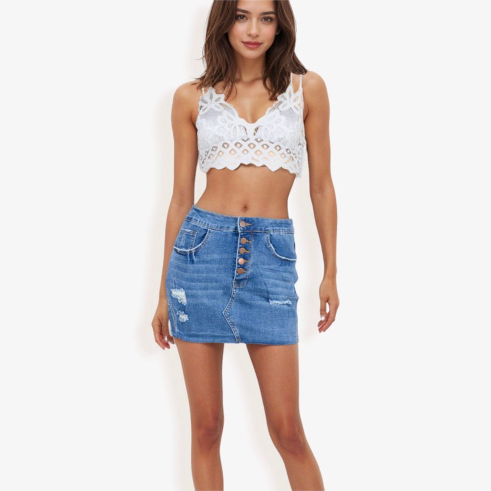 Distressed Denim Mini Skirt With Front Button Detail, Pockets, Raw Hem, And Faded Wash