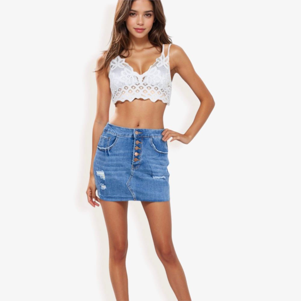 Distressed Denim Mini Skirt With Front Button Detail, Pockets, Raw Hem, And Faded Wash