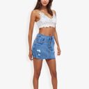  Distressed Denim Mini Skirt With Front Button Detail, Pockets, Raw Hem, And Faded Wash