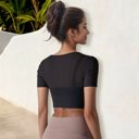 Black Small Women's Cut Out Short Sleeve Sports Bra with Seamless Design and Stretch Fabric