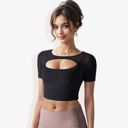 Black XL Women's Cut Out Short Sleeve Sports Bra with Seamless Design and Stretch Fabric