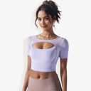 White Large Women's Cut Out Short Sleeve Sports Bra with Seamless Design and Stretch Fabric