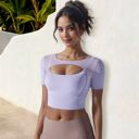 White Small Women's Cut Out Short Sleeve Sports Bra with Seamless Design and Stretch Fabric
