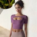 Purple Small Women's Cut Out Short Sleeve Sports Bra with Seamless Design and Stretch Fabric