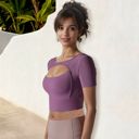 Purple Small Women's Cut Out Short Sleeve Sports Bra with Seamless Design and Stretch Fabric
