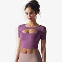 Purple XL Women's Cut Out Short Sleeve Sports Bra with Seamless Design and Stretch Fabric