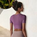 Purple XL Women's Cut Out Short Sleeve Sports Bra with Seamless Design and Stretch Fabric