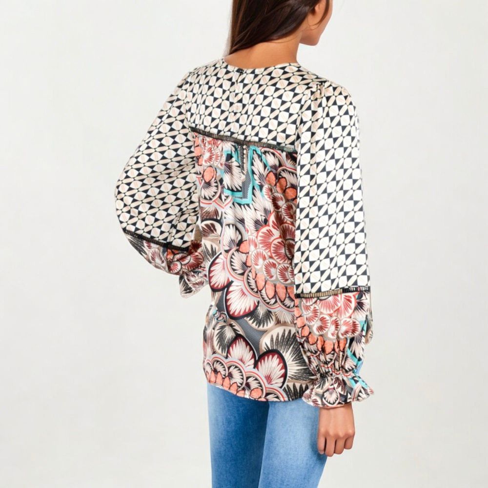 Long Sleeve Print Blouse With Geometric And Floral Patterns