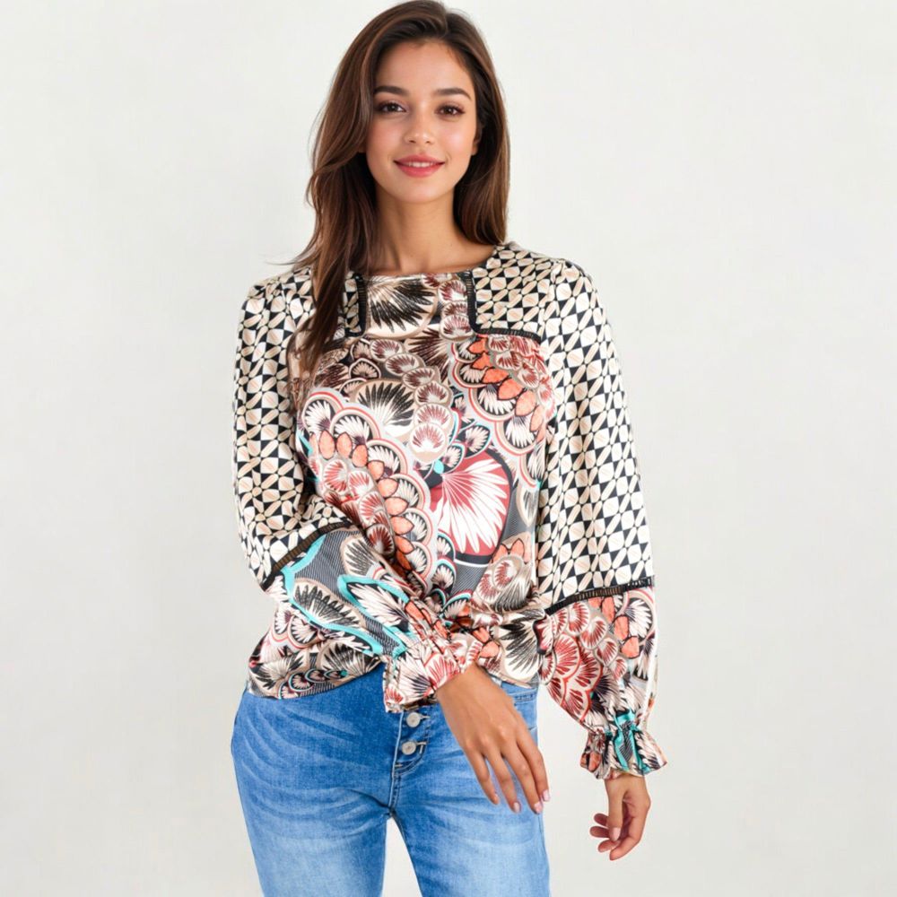 Long Sleeve Print Blouse With Geometric And Floral Patterns