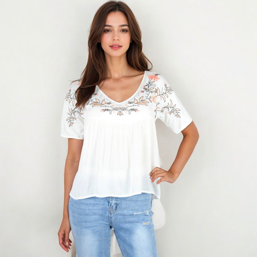 Hi-Low V-Neck Blouse With Floral Details And Short Sleeves