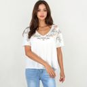  Hi-Low V-Neck Blouse With Floral Details And Short Sleeves