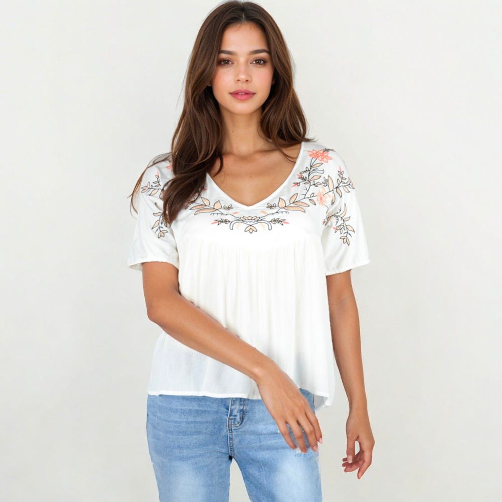 Hi-Low V-Neck Blouse With Floral Details And Short Sleeves