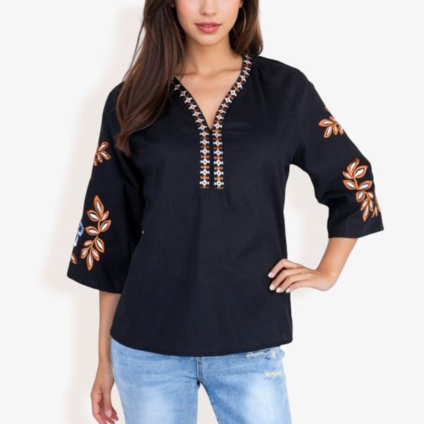 Embroidered Tunic Top With 3/4 Sleeves And Floral Patterns