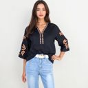 Black Large Embroidered Tunic Top With 3/4 Sleeves And Floral Patterns