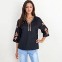 Black Medium Embroidered Tunic Top With 3/4 Sleeves And Floral Patterns