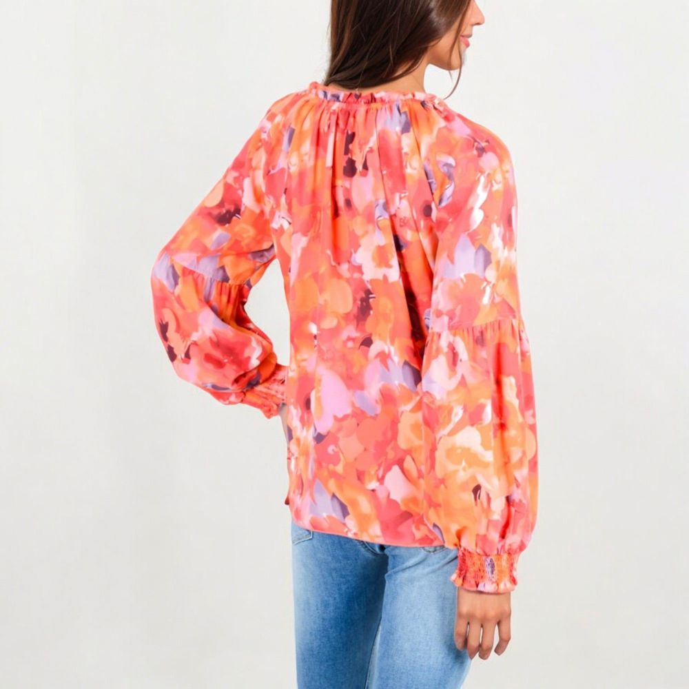 Floral Print Peasant Blouse With Tassel Tie Neck And Long Sleeves