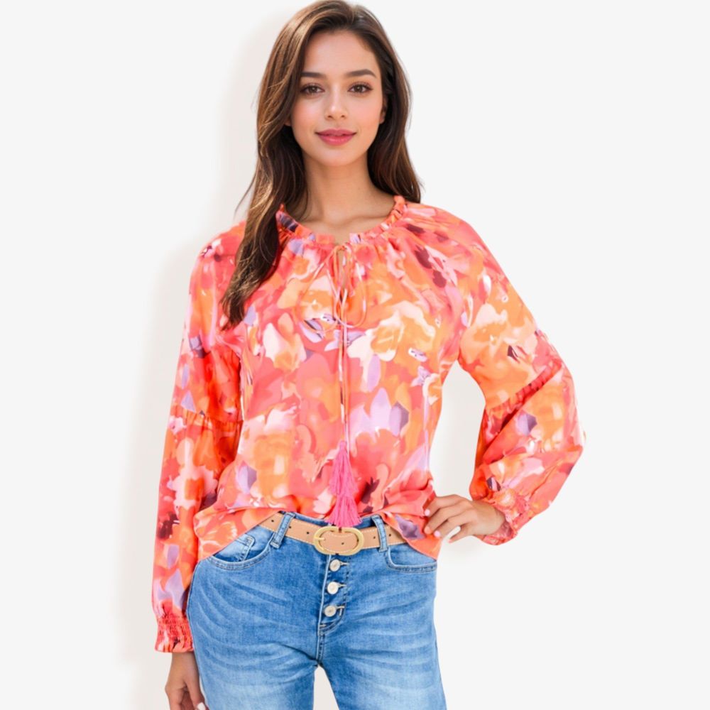 Floral Print Peasant Blouse With Tassel Tie Neck And Long Sleeves