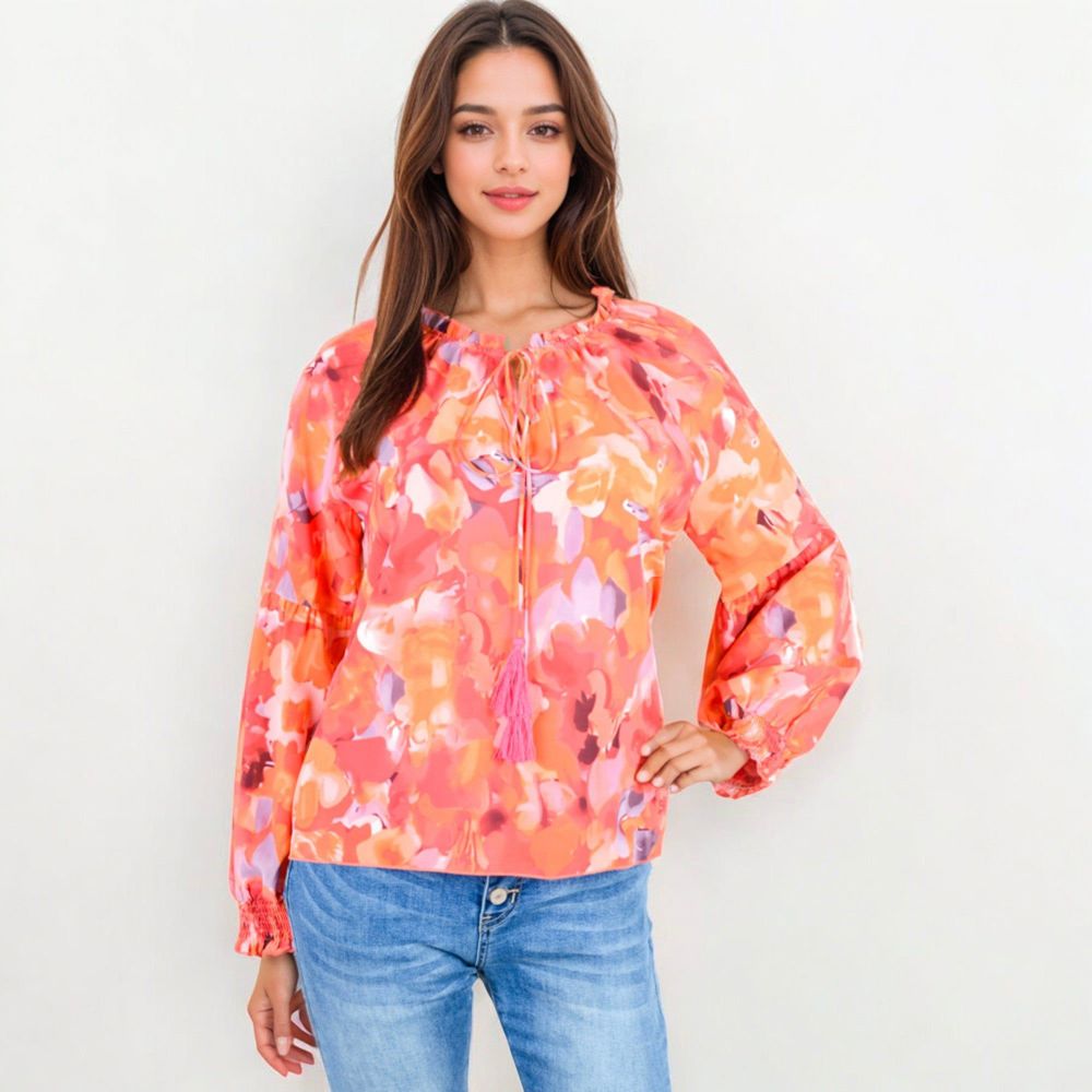 Floral Print Peasant Blouse With Tassel Tie Neck And Long Sleeves