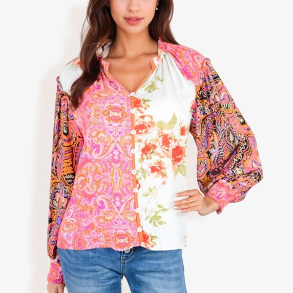 Mixed Print Button Down Blouse With Long Puff Sleeves