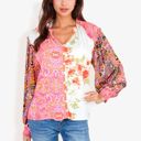  Mixed Print Button Down Blouse With Long Puff Sleeves