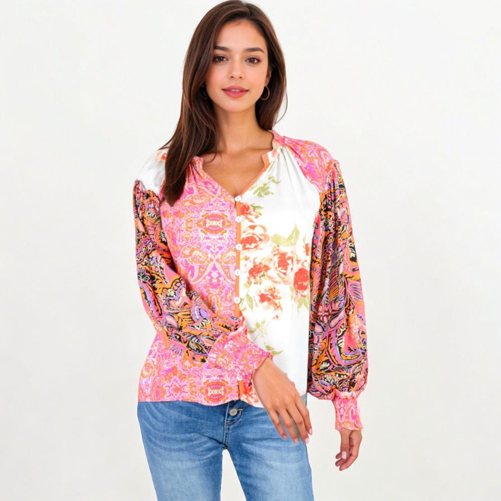 Mixed Print Button Down Blouse With Long Puff Sleeves