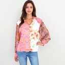  Mixed Print Button Down Blouse With Long Puff Sleeves