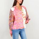  Mixed Print Button Down Blouse With Long Puff Sleeves