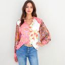  Mixed Print Button Down Blouse With Long Puff Sleeves