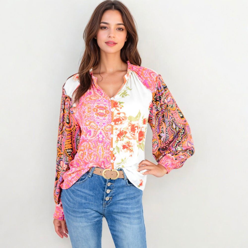 Mixed Print Button Down Blouse With Long Puff Sleeves