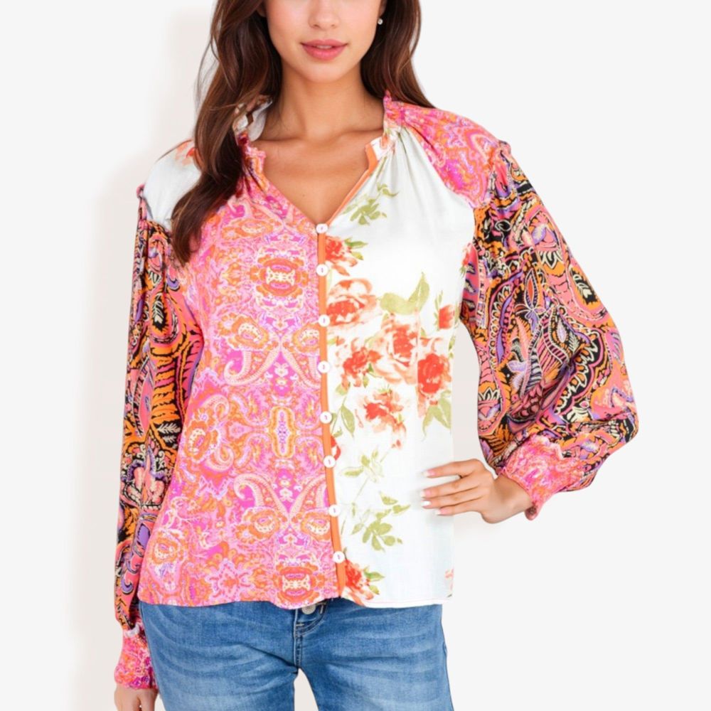 Mixed Print Button Down Blouse With Long Puff Sleeves