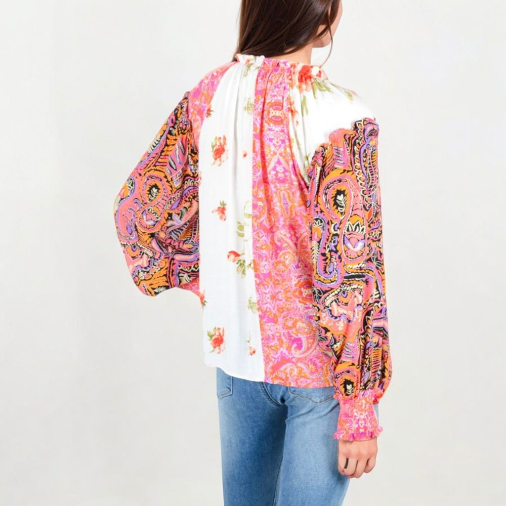 Mixed Print Button Down Blouse With Long Puff Sleeves