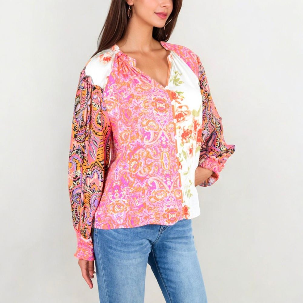 Mixed Print Button Down Blouse With Long Puff Sleeves