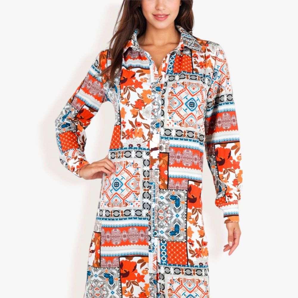 Long Sleeve Button-Up Multi-Color Print Long Shirt