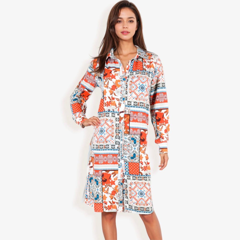 Long Sleeve Button-Up Multi-Color Print Long Shirt