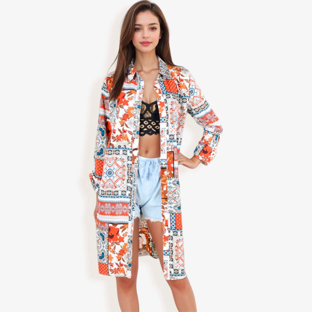 Long Sleeve Button-Up Multi-Color Print Long Shirt