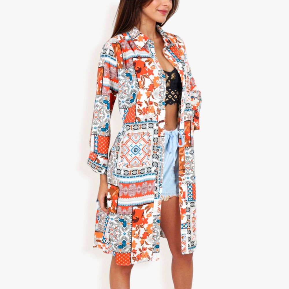 Long Sleeve Button-Up Multi-Color Print Long Shirt