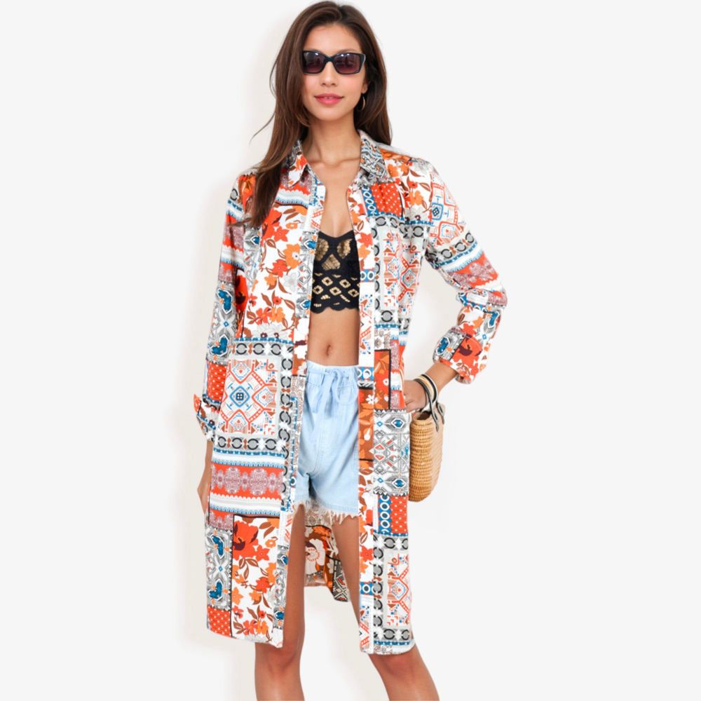 Long Sleeve Button-Up Multi-Color Print Long Shirt