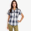  Short Sleeve Plaid Button Down Blouse With Ruffle Trim