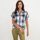  Short Sleeve Plaid Button Down Blouse With Ruffle Trim