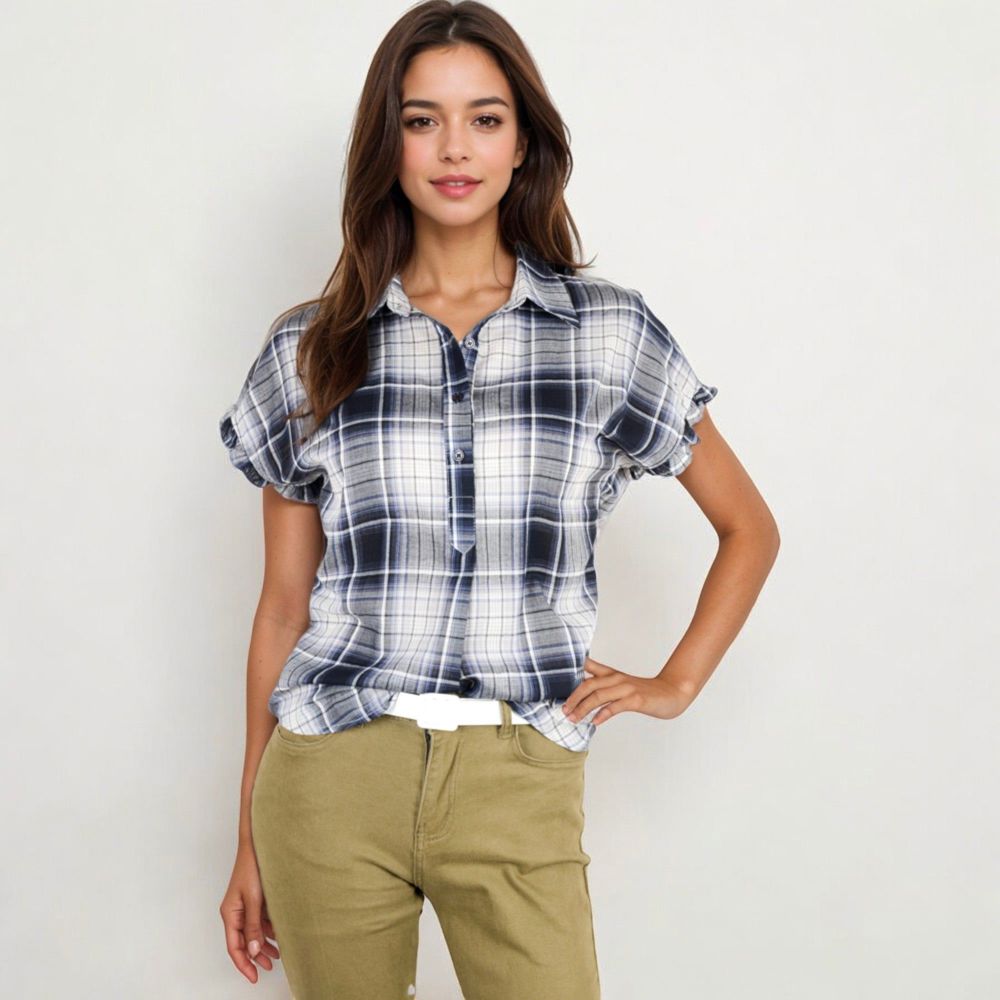 Short Sleeve Plaid Button Down Blouse With Ruffle Trim