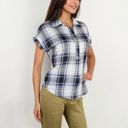  Short Sleeve Plaid Button Down Blouse With Ruffle Trim