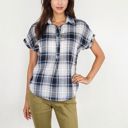  Short Sleeve Plaid Button Down Blouse With Ruffle Trim