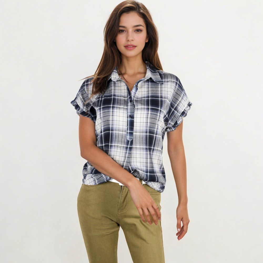 Short Sleeve Plaid Button Down Blouse With Ruffle Trim