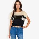  Short Sleeve Striped Knit Top With Round Neck, Casual Fit, Lightweight Sweater